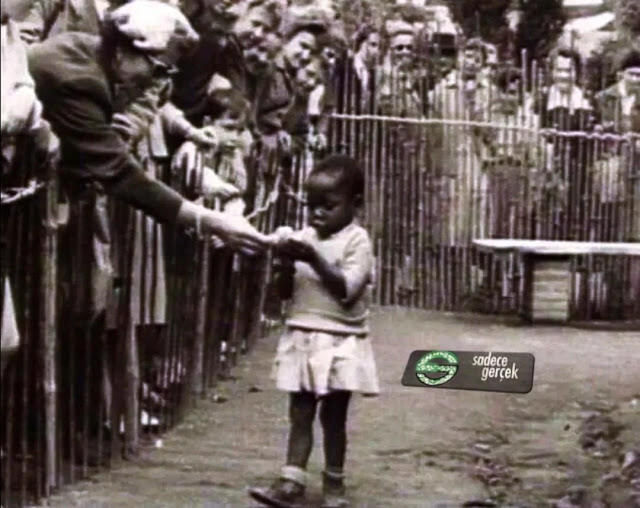 Fotoğrafta, 1958 yılında Belçikalı bir insan hayvanat bahçesi görebilirsiniz. Fotoğraftaki Kongo'lu siyahi küçük kız, bir hayvan gibi sergilenirken.